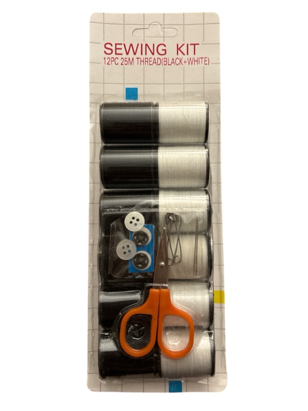 Sewing Kit with 12 Black & White Threads and Mini Scissors - New In Packaging